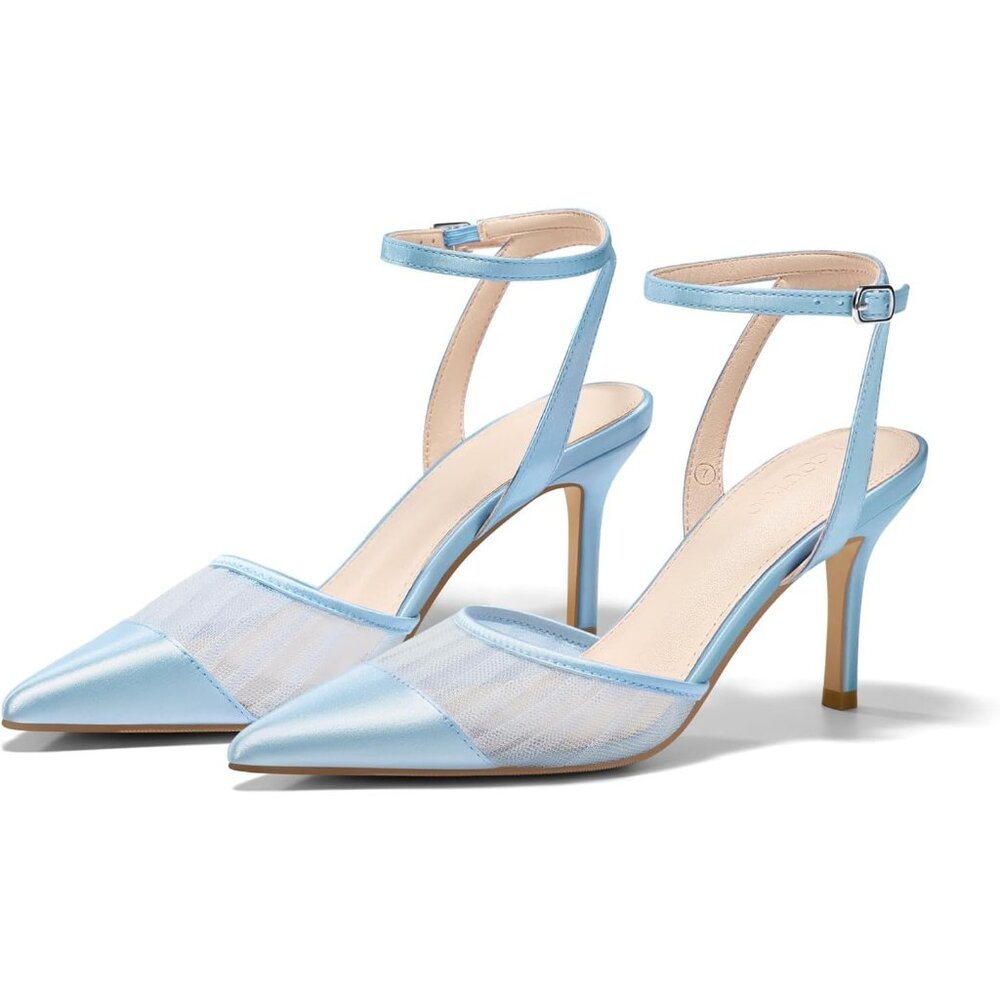 🆕Women's Blue Closed Toe High Heels Mesh Satin Pointed Toe Dress Shoes